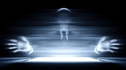 Businessman presenting new product with futuristic interface and motion blur effect