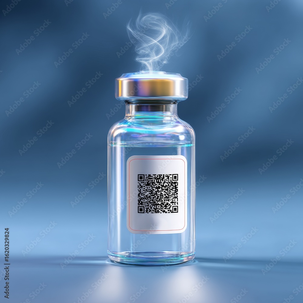Poster innovative blockchain-linked smart tag on vaccine package healthcare facility product image controll
