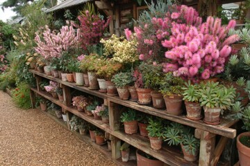 Vibrant flowers in terracotta pots line a rustic shelf in a serene garden setting during daytime