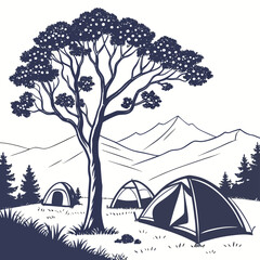 Vintage Vector Illustration of a Campground with Tents, Tree, and Mountains in Line Art Style.