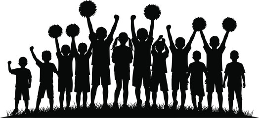 Vector art of silhouette of a group of children cheering with pom poms, representing teamwork, school spirit, and youthful energy