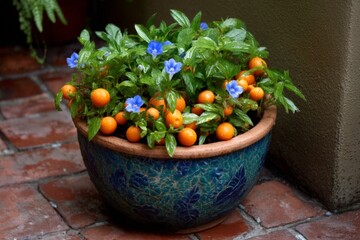 Vibrant orange fruits and blue flowers flourish in a decorative pot on a sunny patio