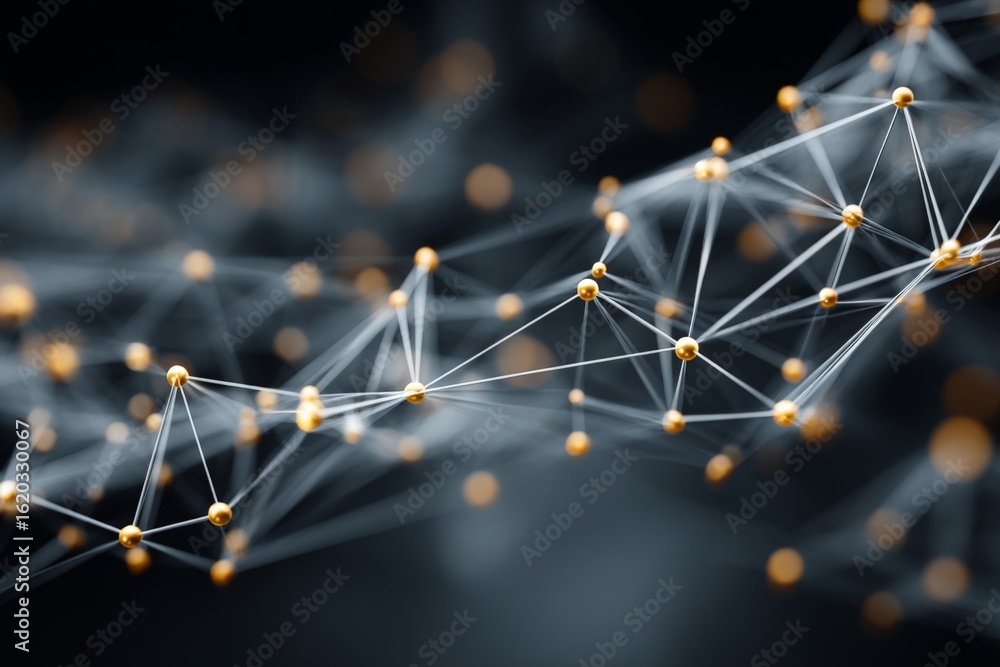 Poster connecting dots in a vibrant digital network with golden nodes showcasing modern technology