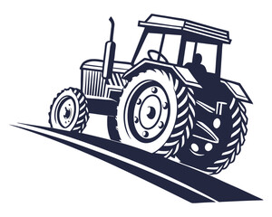 Classic farm tractor silhouette, side view.