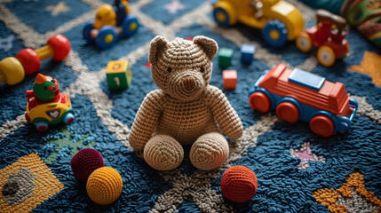 Flatlay of Children’s Toys on Playroom Carpet, in high resolution clean minimal style stock photo illustration background image ideal for templates advertisements and web banners showcasing modern aes