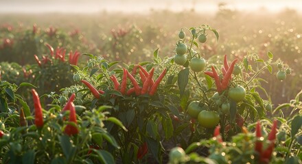 Red Chili Peppers and Green Tomatoes Growing in Agricultural Field