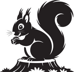 Adorable squirrel holding nut on tree stump offers charming woodland whimsy for your creative projects