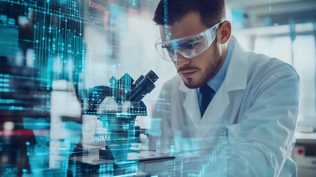 Scientist examining samples through microscope in high-tech laboratory, wearing protective eyewear, symbolizing scientific research, biotechnology, medical innovation, and laboratory analysis

