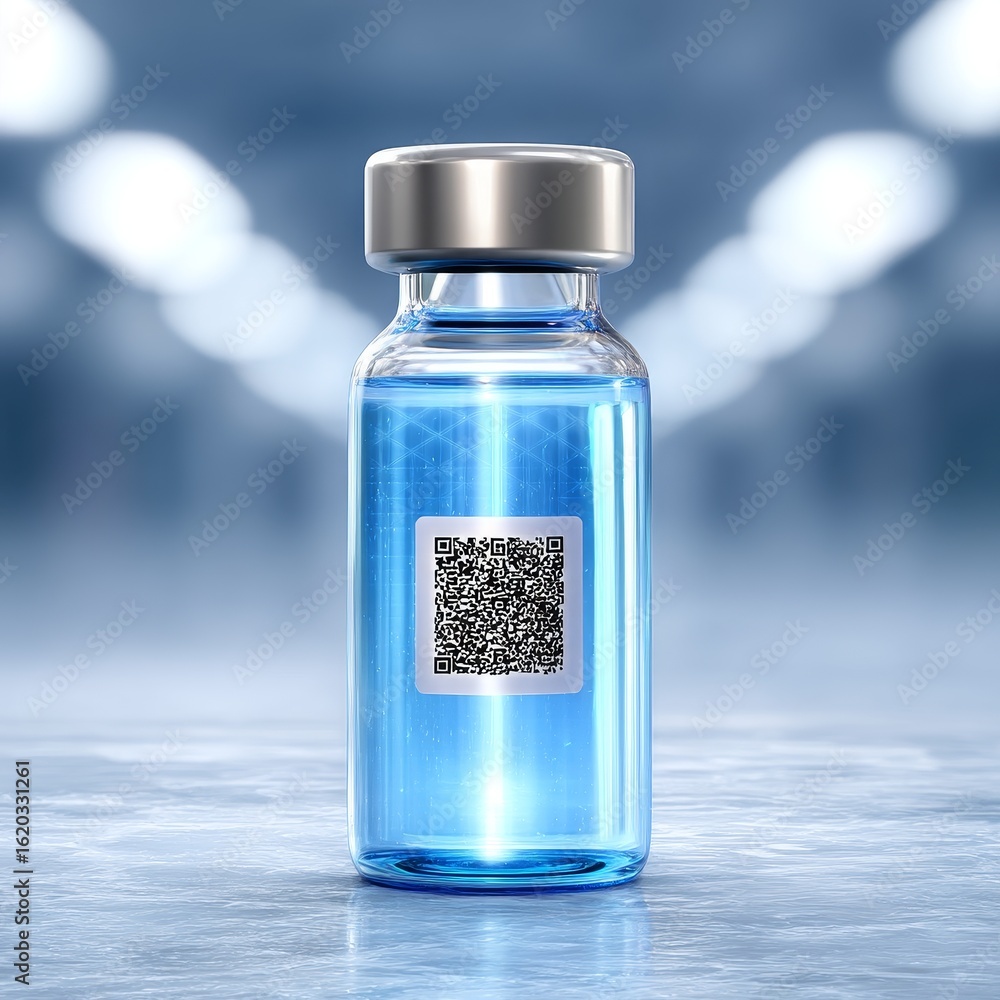 Poster closeup of a vaccination vial with blockchain tag glow medical lab product image high-tech environme