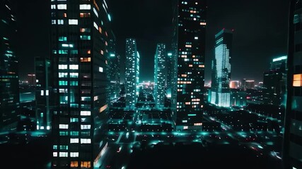 A futuristic, vibrant cityscape at night, with light trails streaking between skyscrapers - Powered by Adobe