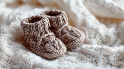 Knitted baby booties on a soft white blanket (1)