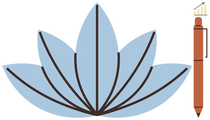 Blue lotus flower with black accents, red pen with fine details, and a subtle growth chart. Ideal for tranquility, creativity, success, mindfulness, education, progress simple flat metaphor