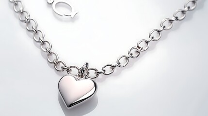 A thin silver chain bracelet with a hollow heart pendant arranged in a soft curve across a high-key white background, natural light rendering realistic highlights and textures