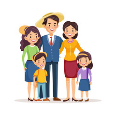 Fototapeta premium Cartoon family portrait with parents, daughter, son in colorful outfits standing together, togetherness and family values concept.