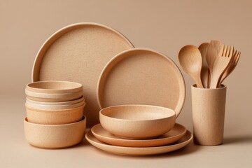 Natural tableware collection displayed on a neutral background for eco-friendly dining solutions