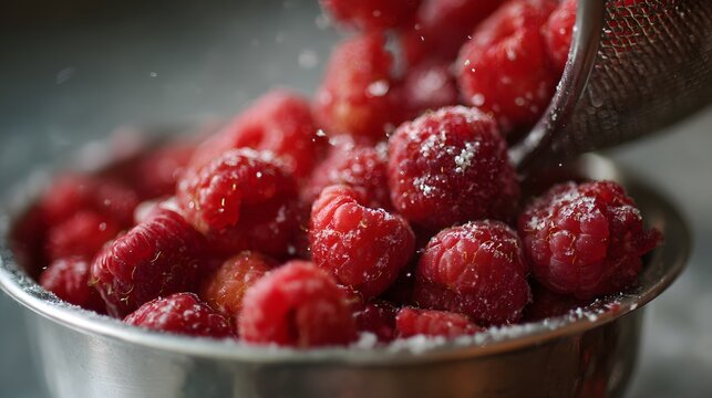 Organic Red Raspberries in Metal Bowl: Healthy Summer Fruits Food Photography with Sugar, Packed with Vitamin C and Dietary Fiber, Perfect for Desserts, Breakfast, and Snacking