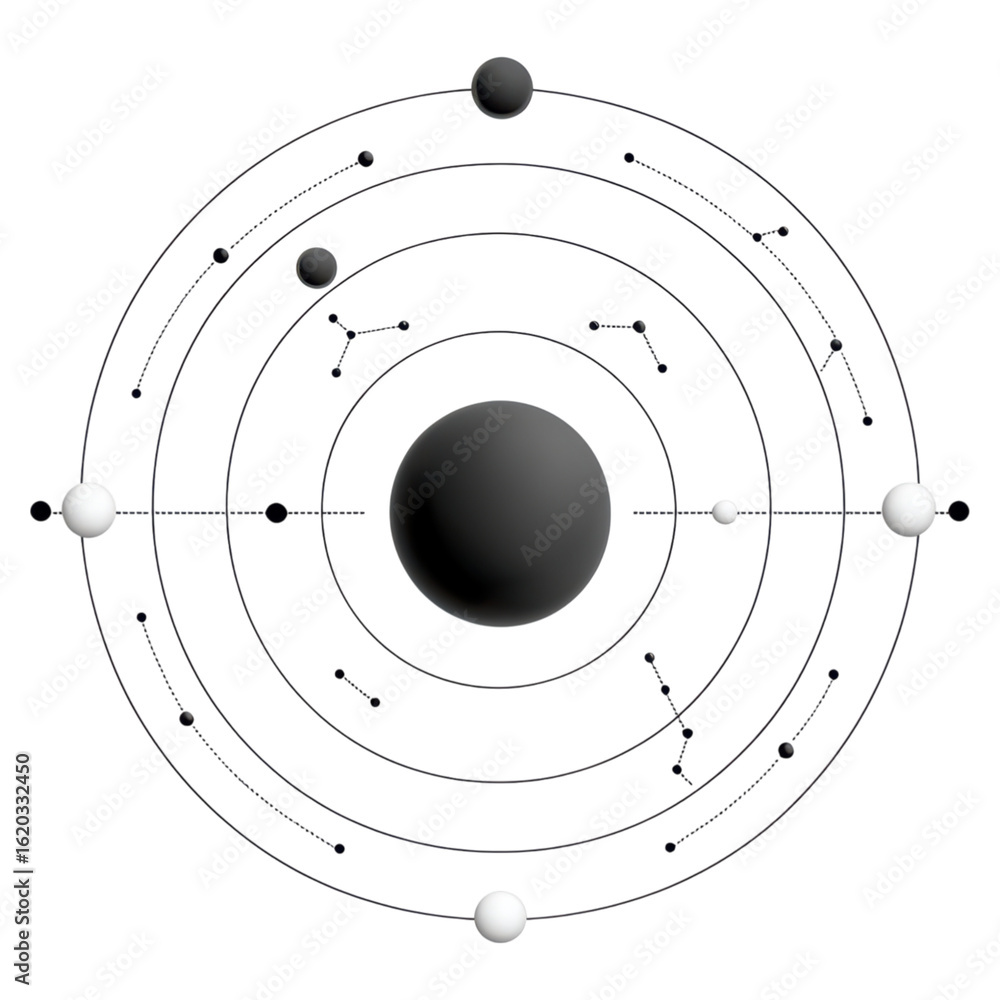 Poster artistic representation of solar system with key celestial bodies, isolated on transparent backgroun