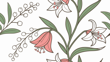 Elegant Floral Seamless Pattern: Delicate Lilies and Lily of the Valley in Art Nouveau Style