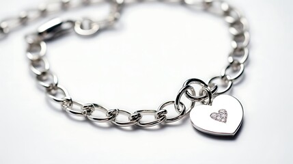A thin silver chain bracelet with a small embossed heart pendant laid in a simple oval on an unblemished white backdrop, captured with perfect focus and metallic sheen