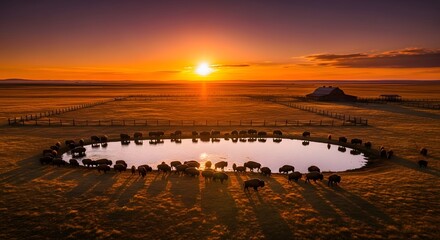 Buffalo Herd Drinking at Pond During Golden Sunset