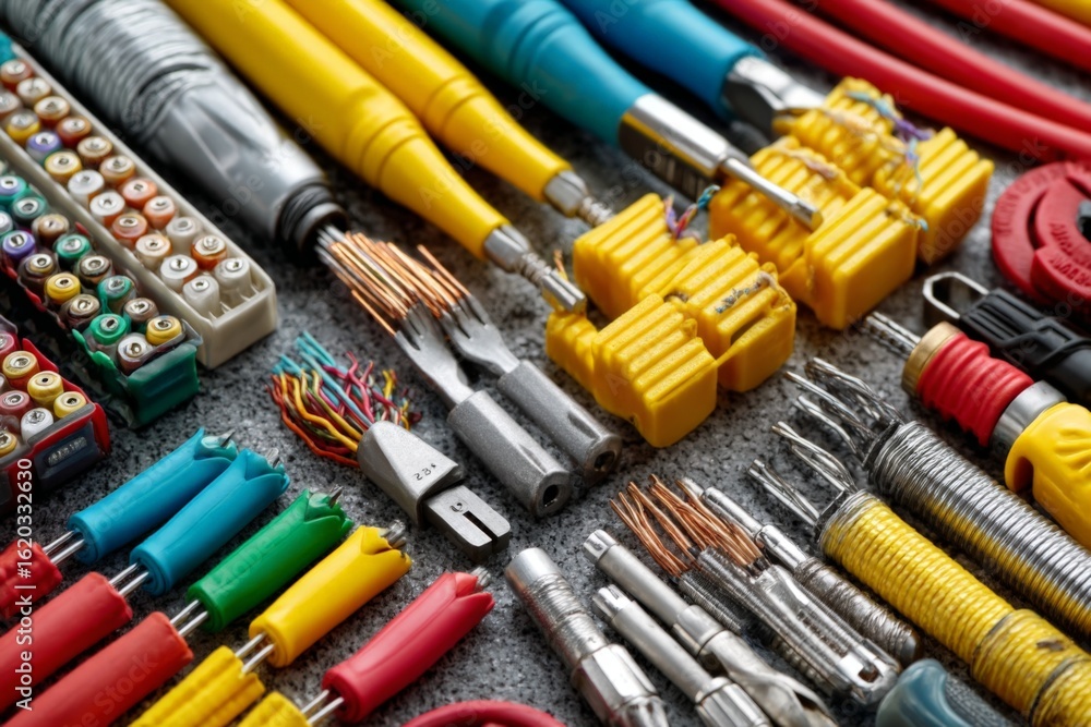 Poster collection of assorted electrical tools and components arranged neatly for easy access and organizat