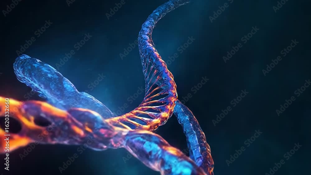 Poster dna strands rotating in a colorful and abstract scientific visualization