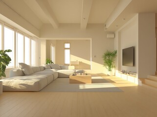 Fototapeta premium Bright, minimalist living room with light beige tones, natural light, and a comfortable sectional sofa