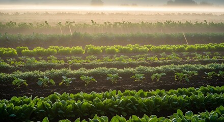 Green Vegetable Rows Growing in Early Morning Sunlight Farm Landscape