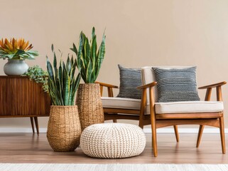 Mid-century modern living room with plants and accents