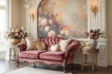 Elegant living room with vintage pink sofa and floral decor in a bright and airy space
