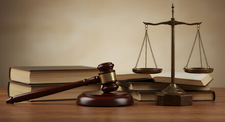 Justice Scales Gavel Law Books Legal Concept:  Serious, Professional, Wooden Table