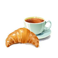 Illustration of a croissant and hot drink in a cup on a plate for breakfast or brunch