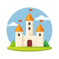 Naklejka premium Cartoon Castle Vector Illustration Fairytale Kingdom with Towers Flags and Green Meadow