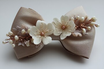 Elegant fabric hair bow decorated with flowers and pearls for special occasions or everyday wear
