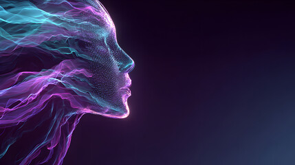 Glowing wireframe human head with light pulses in a dark void, futuristic ai concept