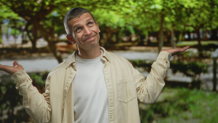 Man in park with hands raised, wearing casual outfit, surrounded by lush greenery, expressing...