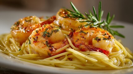 Delicious Shrimp Pasta in Garlic Herb Rosemary Olive Oil - Italian Cuisine Restaurant Dish with Seafood, Home Cooking Style with Fresh Ingredients, Perfect Dinner Presentation