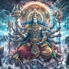 Obraz premium Celestial Perspectives Vishnu's Divine Action in Spiritual Artwork and Mythical Realms