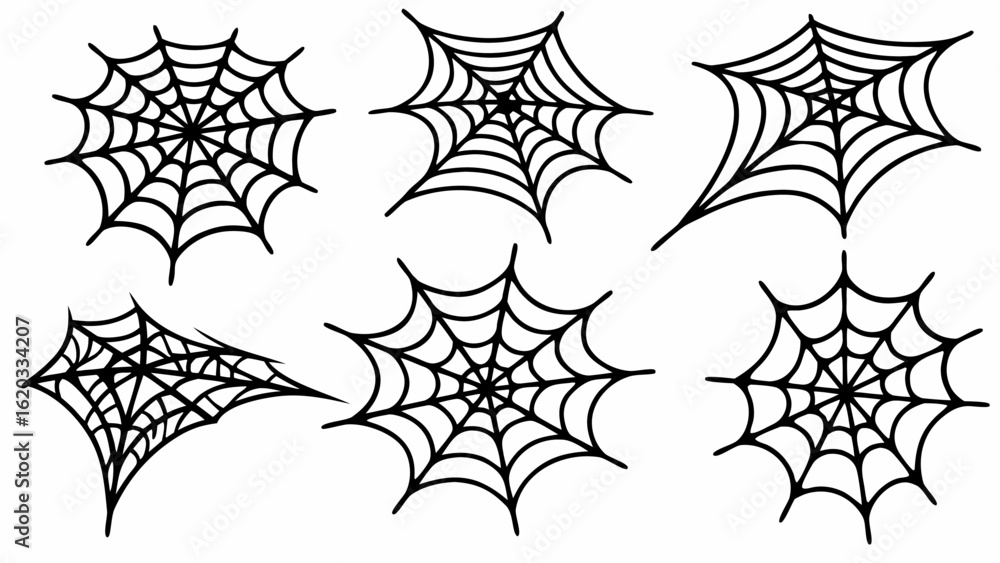 Aufkleber collection of six spiderweb illustrations in various shapes and sizes isolated on a white background