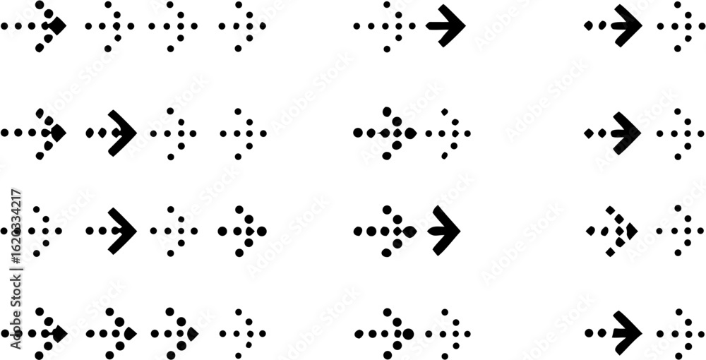 Poster collection of twelve different arrow designs made of dots and solid arrowheads pointing rightward