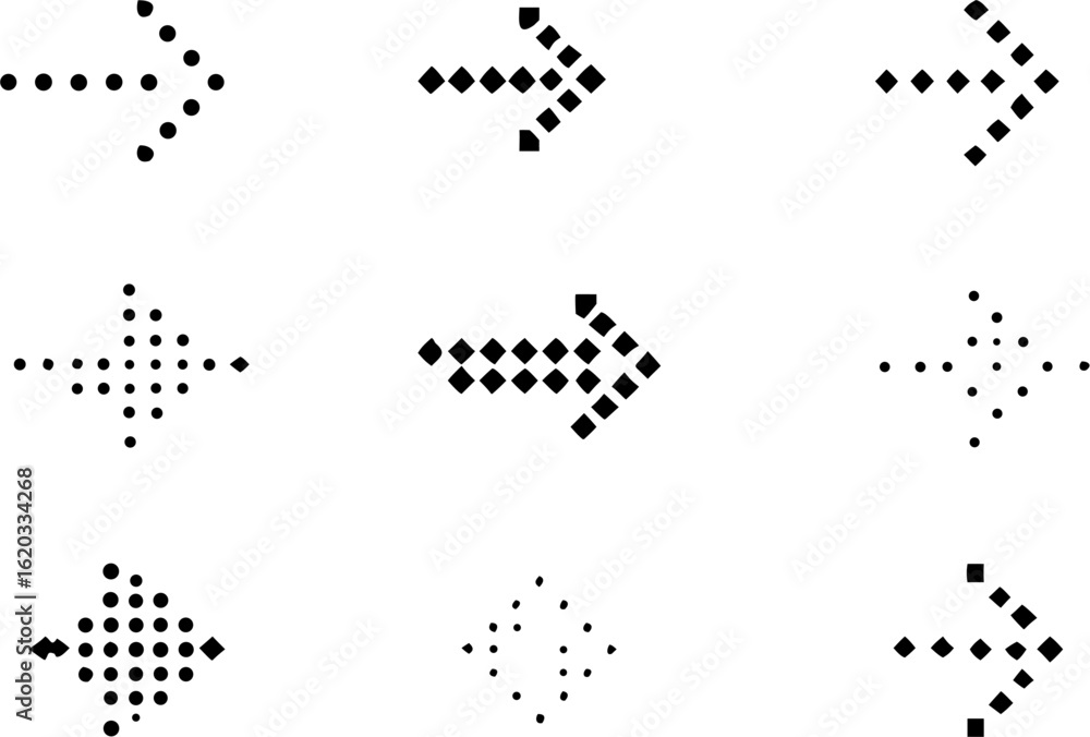 Aufkleber various arrow designs consisting of dots and squares pointing to the right direction in black color