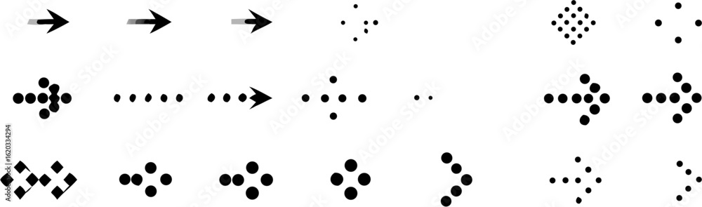 Aufkleber illustration of various arrow designs and dot patterns with black shapes on a white background displ