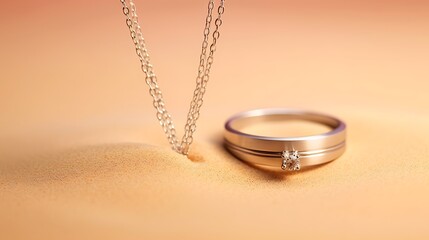 A thin silver necklace with a solitaire diamond pendant floating in front of a warm sand beige background, elegant minimalist style, soft light gradients, full-frame image.
