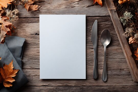 Rustic wooden table setting with blank menu card and elegant cutlery, perfect for fall dining and food photography