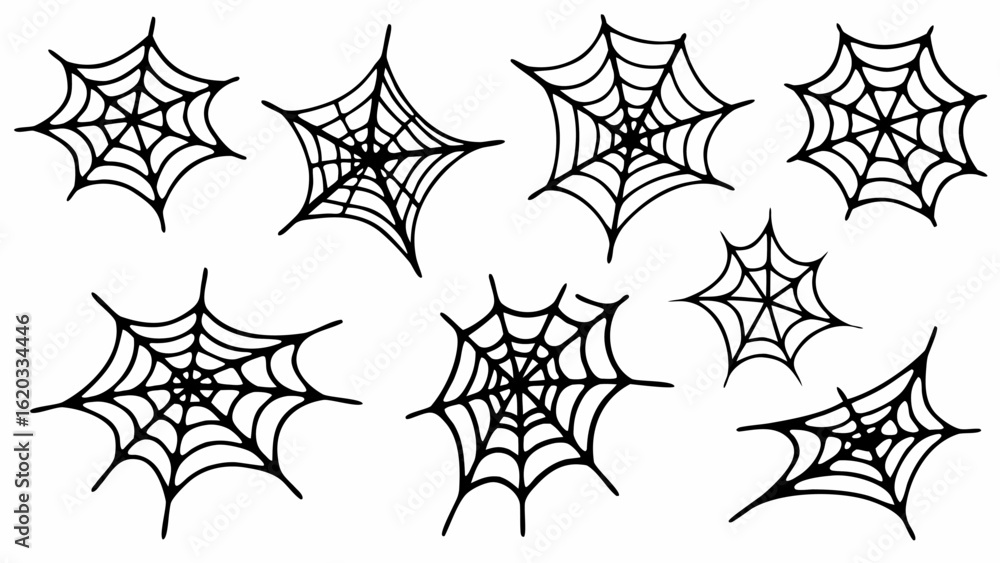 Aufkleber collection of nine black and white spiderwebs with varying shapes and web patterns on a white backgr