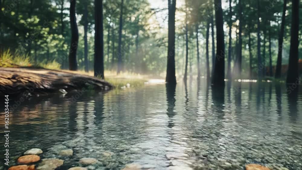 Poster sunlight filtering through trees onto a tranquil forest stream