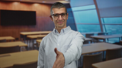 Fototapeta premium Man in glasses extending hand in modern indoor office setting with wooden walls and large windows suggesting a professional meeting or agreement context.