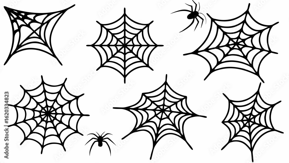 Aufkleber illustration of several spiderwebs in different shapes and sizes with two spiders on a white backgro