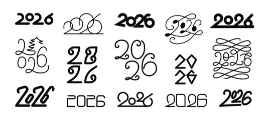 New Year 2026 logo numbers set. Black hand drawn, geometric, one line, flat style text design. Collection of creative digit for holiday, Christmas banner poster card calendar print. Vector.