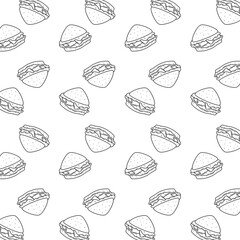 Seamless pattern of Black and white cartoon illustration of a burger or sandwich with cheese and lettuce in hand-drawn style.